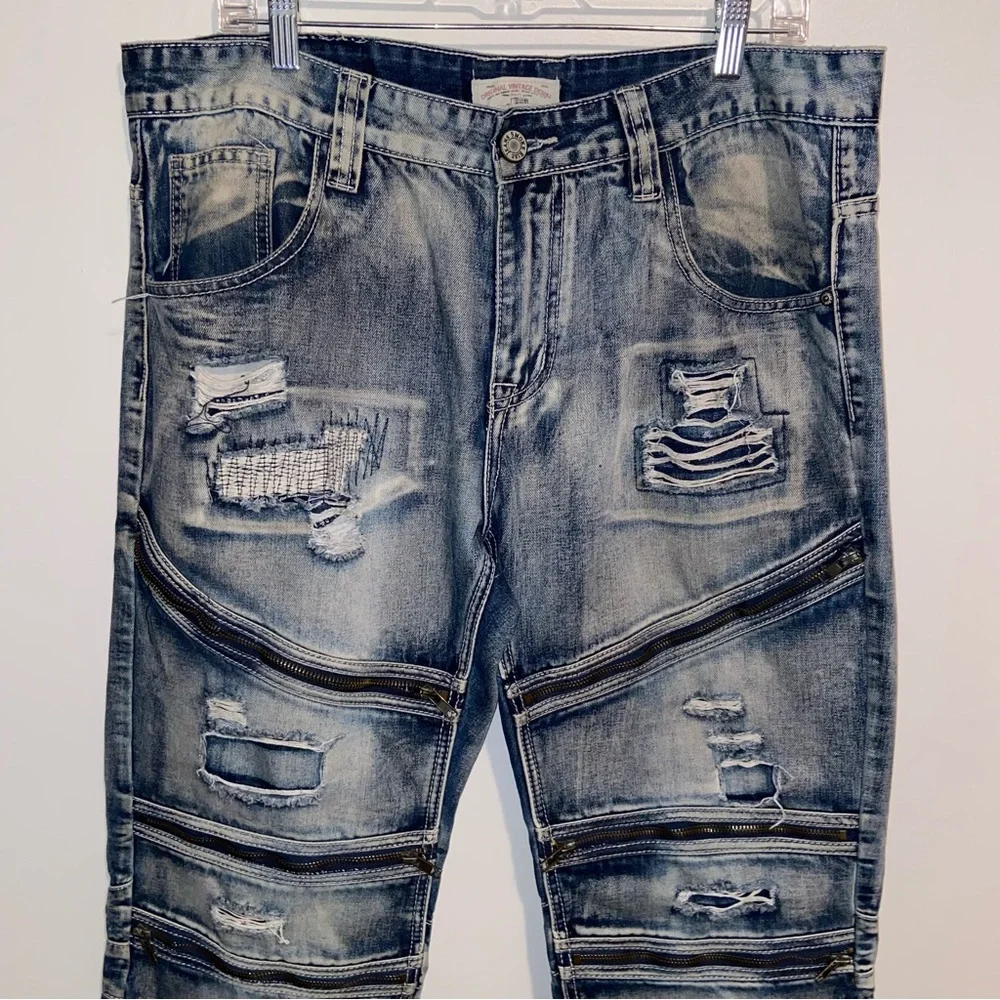 Smoke Rise Vintage Denim Jeans Mens 38X32 Distressed Moto Biker Zippers Y2K
